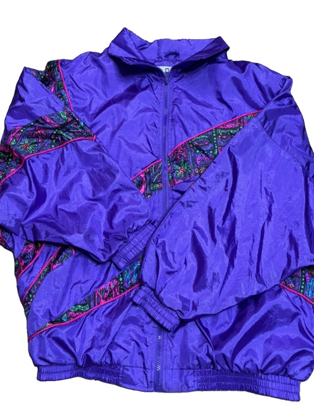 Vibrant Purple Women’s Retro Bomber Jacket with Patterned Panels - Picture 11 of 15